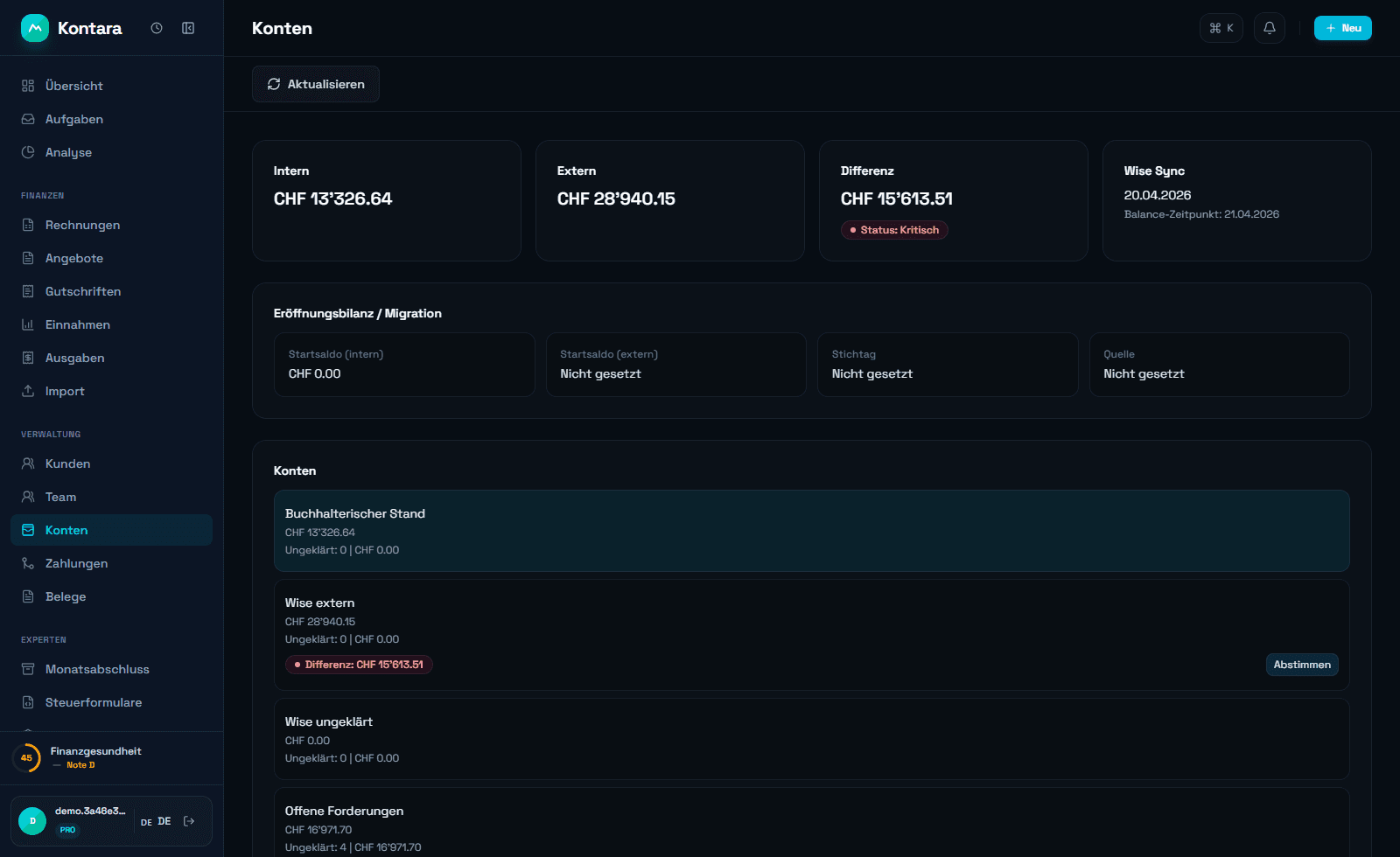 Kontara controls and account overview