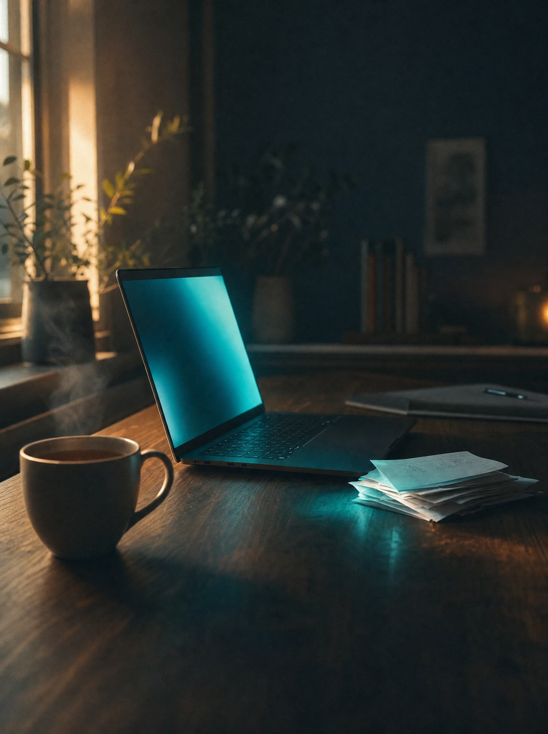 Ruhiger Schreibtisch mit Laptop — Buchhaltung mit allem am Platz